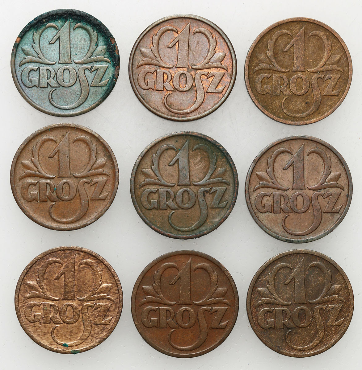 II RP. 1 grosz 1933-1939 zestaw 9 sztuk